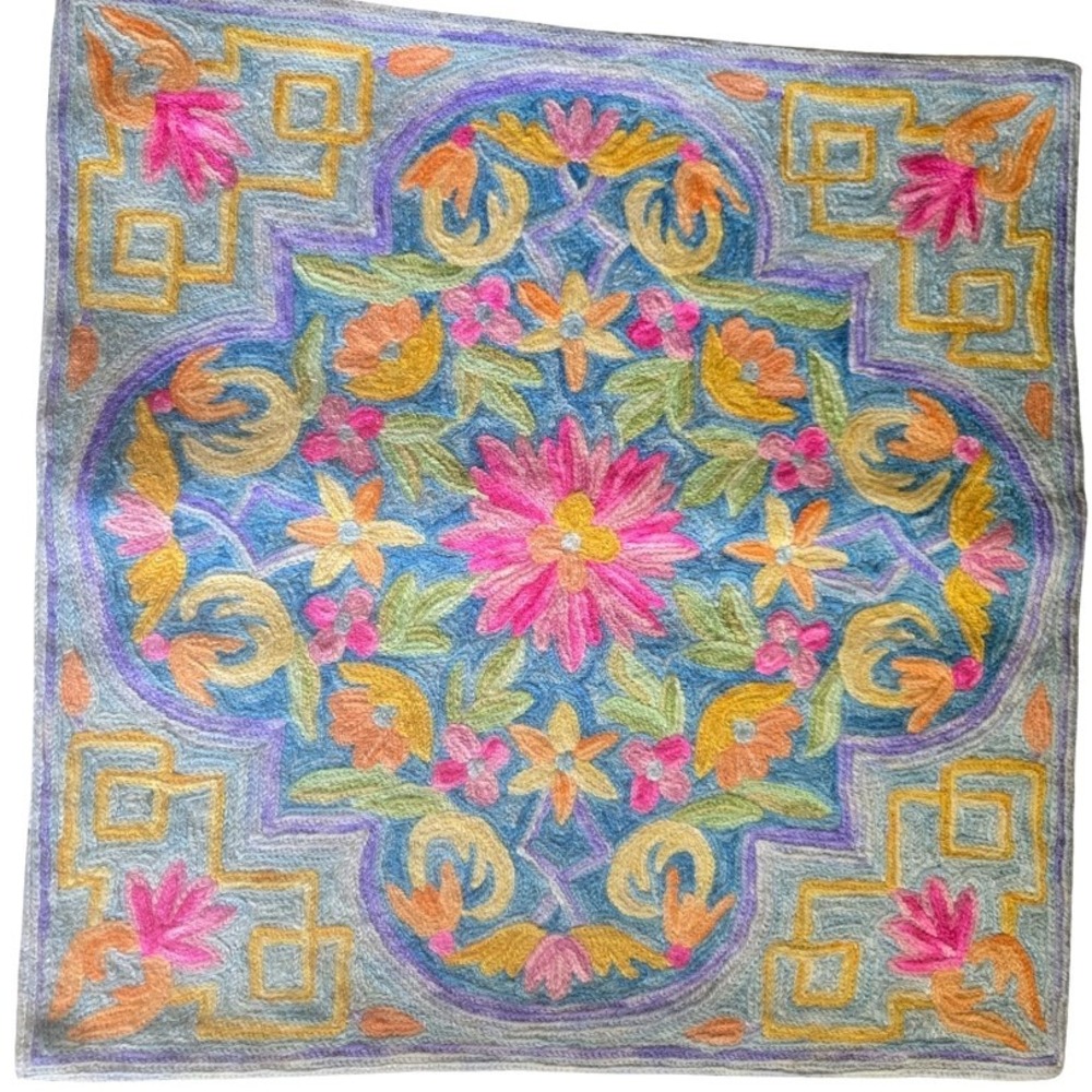Cottagecore Pastel Embroidered Pillow Cover‎ Wool on Cotton 16" Shah Imports